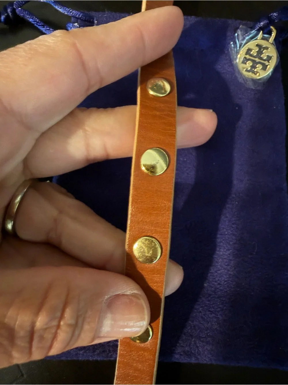 Tory Burch Tan Leather Double-Wrap Logo Bracelet with Gold Accents
